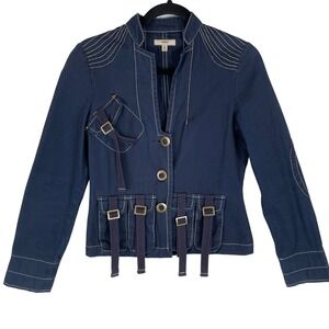 HENDI Women Navy Cotton Military Style Jacket Size S Button Front Pocket Details